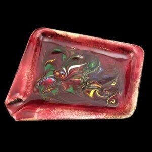 Vintage Enamel on Copper Red Abstract Swirl Ashtray Artisan Handmade